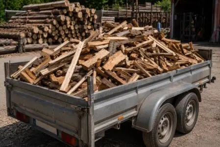 remorque remplie de chutes de bois prête au chargement.